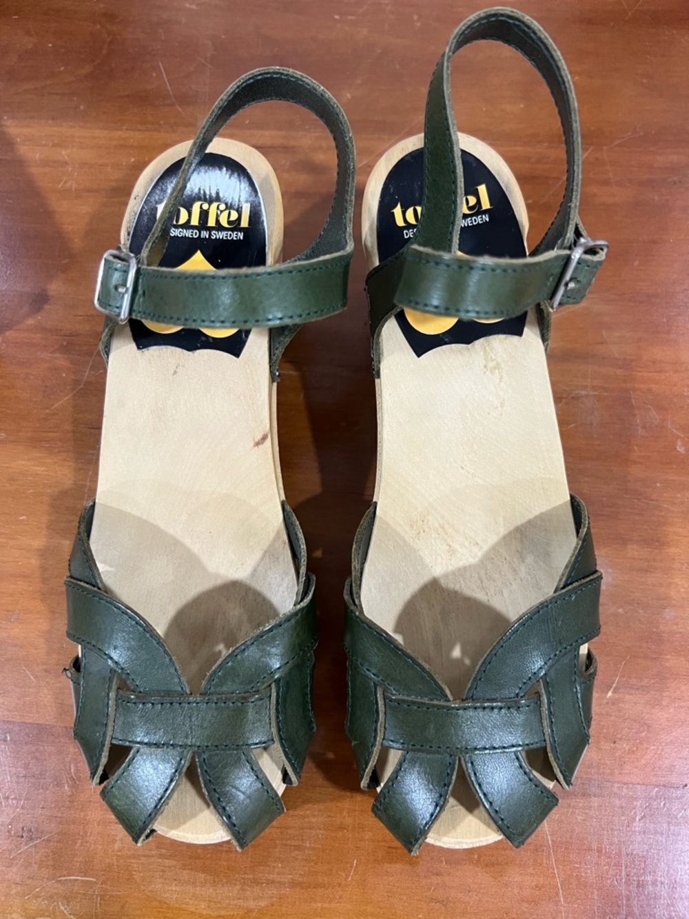 SWEDISH HASBEENS Green Block Heel Wooden Sandal Heels 7